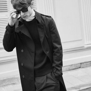 KOOPLES - BLACK COTTON GABARDINE TRENCH COAT WITH